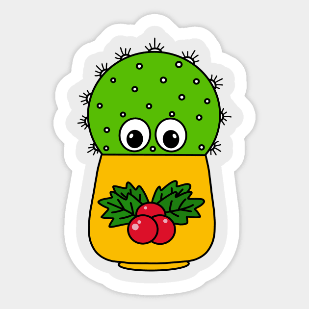 Cute Cactus Design #334: Cute Cactus In Christmas Holly Pot Sticker by DreamCactus